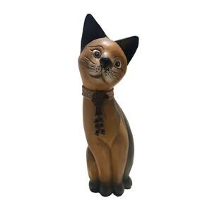 Vintage Hand Carved Cat Statue Art Sculpture Beaded Collar 16”